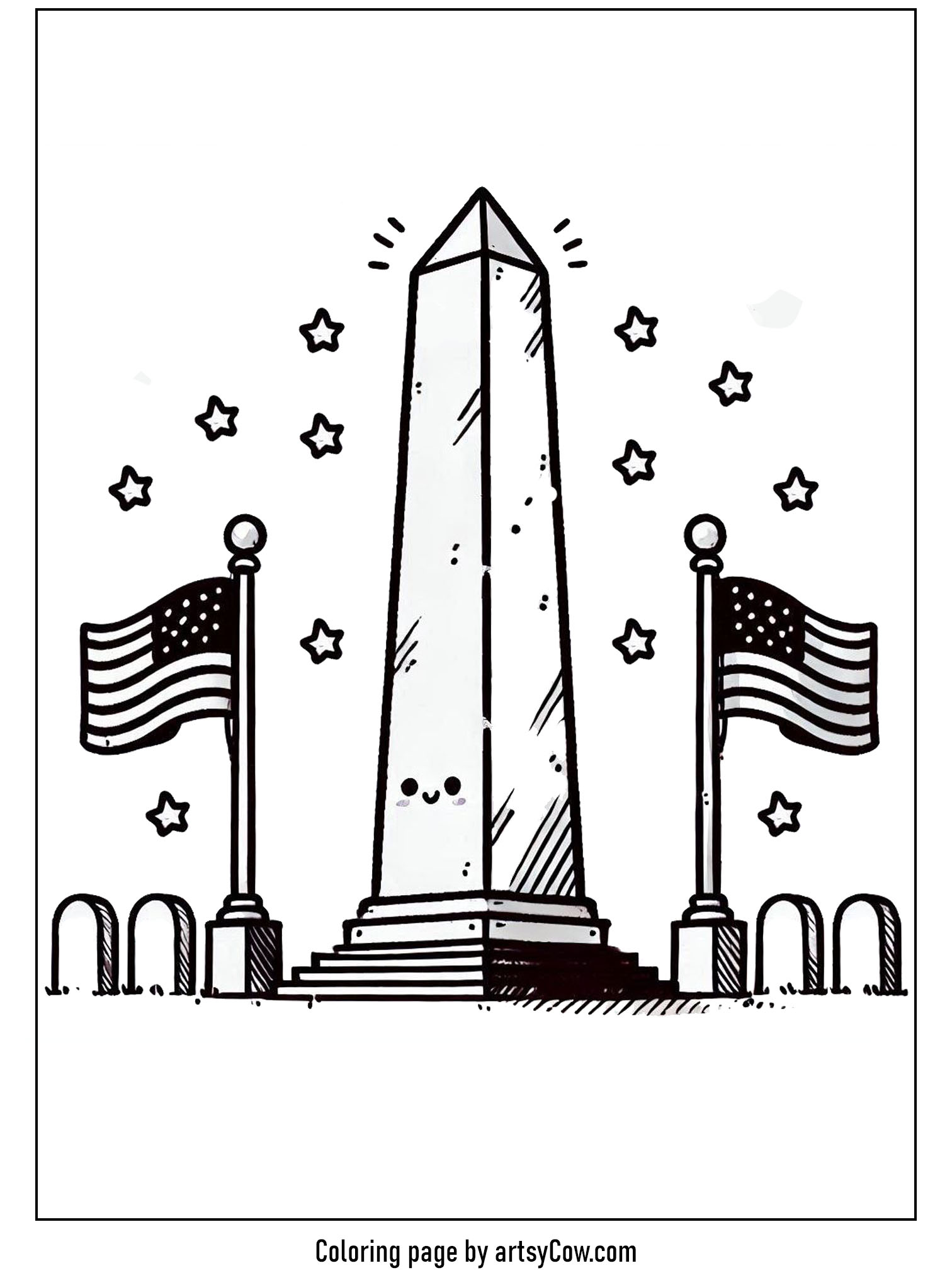 Presidents Day Coloring Pages featuring a joyful obelisk surrounded by stars and American flags.